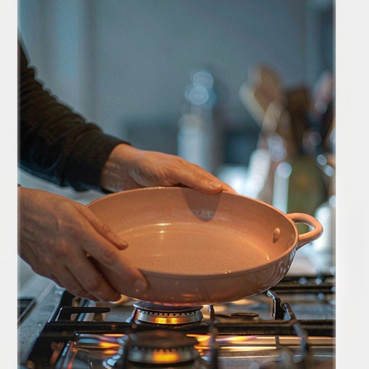 Hands holding a terracotta Marholm frying pan over a warm stove